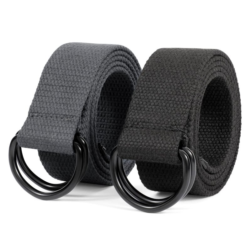 JASGOOD Mens Black Canvas Belt with Black D-ring 1 1/2" Wide Solid Color Extra Long Webbing Belt 2 Pack (Black/Gray,Fit Waist Size 40-45 inch) - Image 1